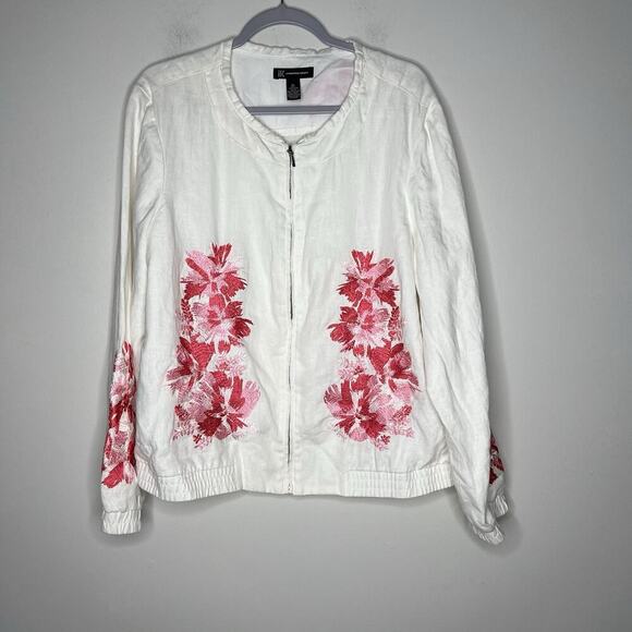 INC Jacket Womens XL White Pink Floral Embroidery Linen Zip Up Casual Bohemian - Picture 6 of 15